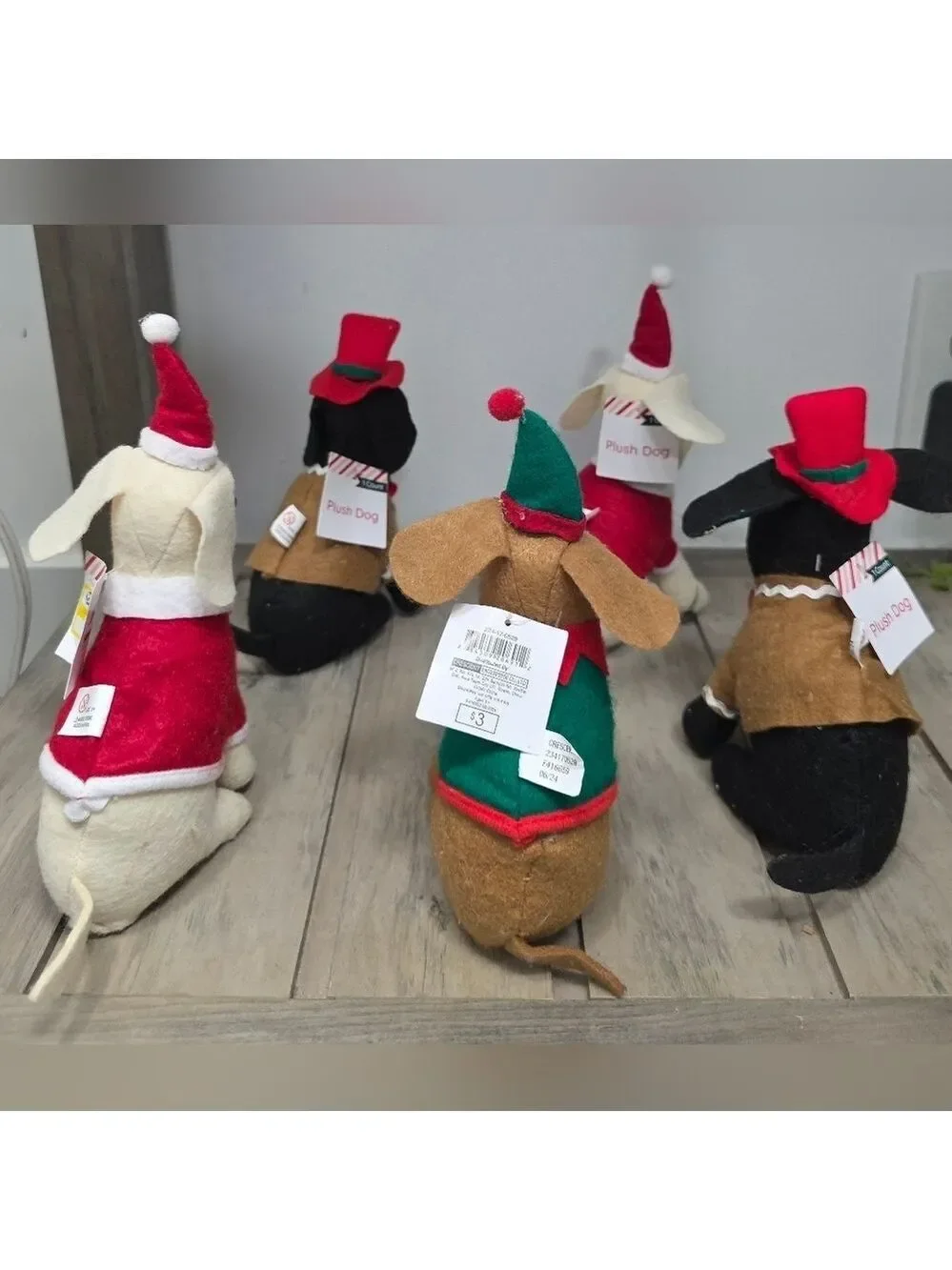Set Of Five Christmas Decor Plush Fabric Dogs - New With Tags